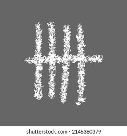 Chalk Drawn Tally Mark Symbolized Number 5 In Unary Numeral System. White Hand Drawn Counting Sticks On Gray Chalkboard. Vector Realistic Illustration.