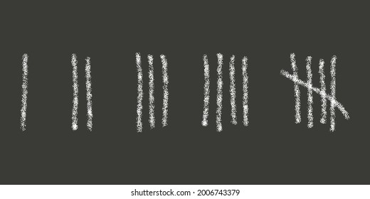 Chalk Drawn Tally Marks On Black Background. Day Counting Sticks On Prison Wall Or Chalkboard. Unary Numeral System Signs. Vector Hand Drawn Illustration