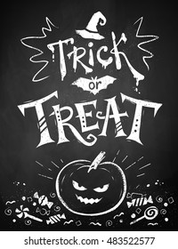 Chalk drawn Trick or Treat Halloween poster with pumpkin and candies on blackboard background.