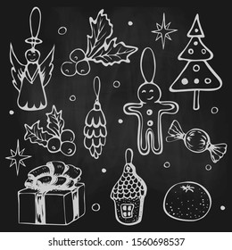 chalk drawn vector christmas doodle clipart set isolated on backboard. xmas or new year outline sketched icons. Vintage illustration of winter holidays decorative elements giftbox holly fir tree angel