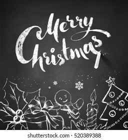 Chalk drawn vector Christmas illustration with traditional festive object and lettering.