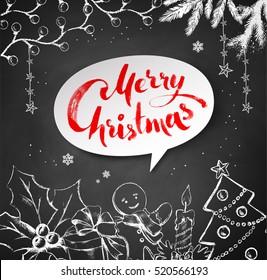 Chalk drawn vector Christmas illustration of traditional festive objects and white banner with lettering.