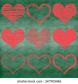 Chalk drawn vector collection of hearts. Set of heart in pink and red color on chalk board or school board. 