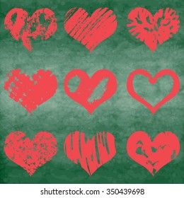 Chalk drawn vector collection of hearts. Set of heart in pink and red color on chalk board or school board. 