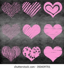 Chalk drawn vector collection of hearts. Set of heart in pink and red color on chalk board or school board. 