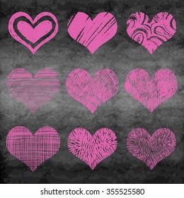 Chalk drawn vector collection of hearts. Set of heart in pink and red color on chalk board or school board. 