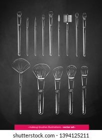 Chalk drawn vector collection of makeup brushes kit isolated on blackboard background.