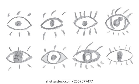 Chalk drawn vector eyes collection, hand drawn vector human parts of faces elements, various opened eyes, cartoon style eyes, vision icons of different designs, collection of charcoal brown eyes