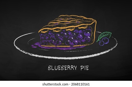 Chalk drawn vector illustration of Blueberry Pie on plate. Isolated on black chalkboard background.