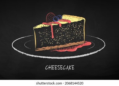 Chalk drawn vector illustration of Cheesecake. Isolated on black chalkboard background.