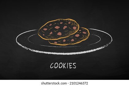 Chalk gezeichnete Vektorgrafik von Schokoladenkeksen auf Teller. Einzeln auf schwarzem Hintergrund.