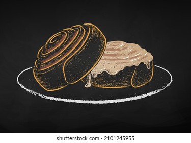 Chalk gezeichnete Vektorgrafik von Zimtrollen auf Teller. Einzeln auf schwarzem Hintergrund.