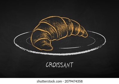 Chalk drawn vector illustration of Croissant on plate. Isolated on black chalkboard background.