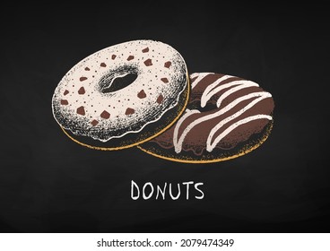 Chalk drawn vector illustration of Donuts. Isolated on black chalkboard background.