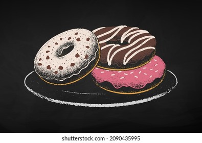 Chalk drawn vector illustration of Donuts on plate. Isolated on black chalkboard background.