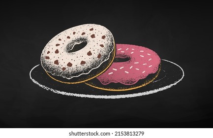 Chalk drawn vector illustration of Donuts on plate. Isolated on black chalkboard background.