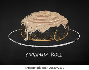 Chalk drawn vector illustration of glazed Cinnamon Roll on plate. Isolated on black chalkboard background.