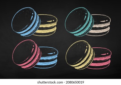 Chalk drawn vector illustration of Macarons. Isolated on black chalkboard background