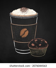 Chalk drawn vector illustration of open takeaway disposable Coffee paper cup with muffin. Isolated on black chalkboard background.