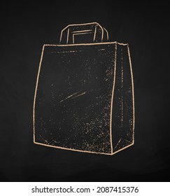 Chalk drawn vector illustration of Paper Bag with handles isolated on black chalkboard background.