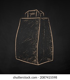Chalk drawn vector illustration of Paper Bag with handles isolated on black chalkboard background.