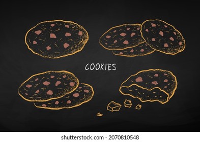 Chalk drawn vector illustration set of Cookies. Isolated on black chalkboard background.