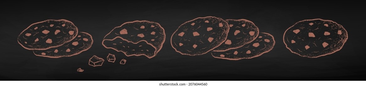 Chalk drawn vector illustration set of Chocolate Chip Cookies. Isolated on black chalkboard background.