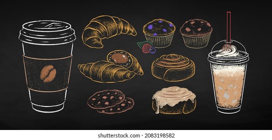 Chalk drawn vector illustration set of takeaway disposable Coffee cups and bakery desserts. Isolated on black chalkboard background.