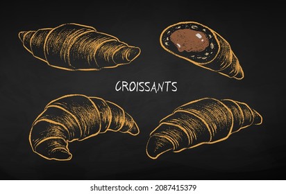Chalk drawn vector illustration set of Croissants. Isolated on black chalkboard background.