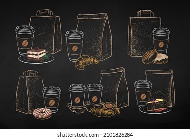 Chalk drawn vector illustration set of takeaway disposable Coffee cups with paper bags and baked desserts. Isolated on black chalkboard background.