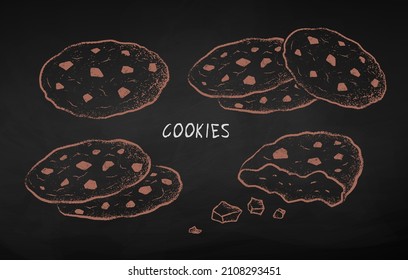 Chalk drawn vector illustration set of Chocolate Chip Cookies. Isolated on black chalkboard background.