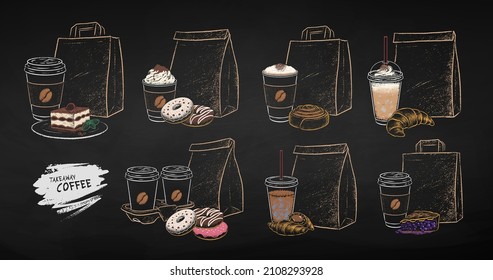 Ilustración vectorial hecha por Chalk conjunto de takeaway de tazas de café desechables con bolsas de papel y postres horneados. Aislado sobre el fondo negro de la pizarra.