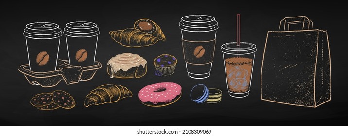 Chalk drawn vector illustration set of takeaway disposable Coffee cups and baked desserts. Isolated on black chalkboard background.
