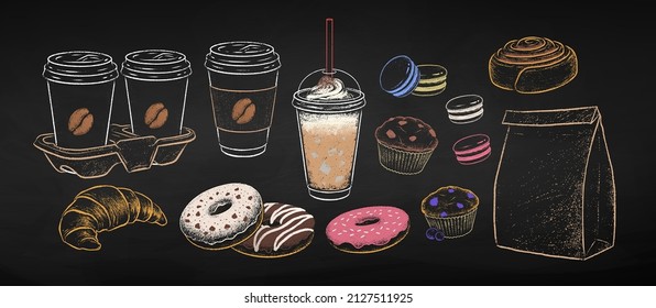 Chalk drawn vector illustration set of takeaway disposable Coffee cups and baked desserts. Isolated on black chalkboard background.