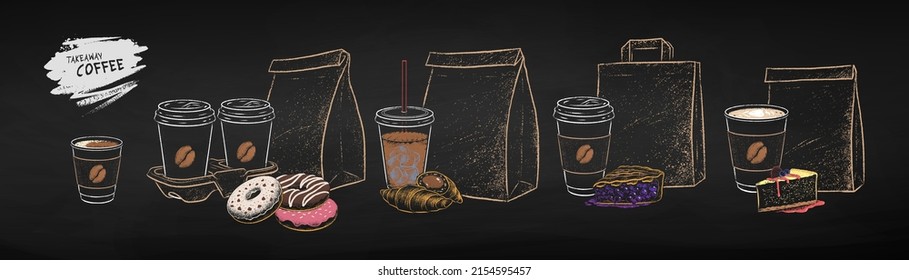 Chalk drawn vector illustration set of takeaway disposable Coffee cups with paper bags and baked desserts. Isolated on black chalkboard background.