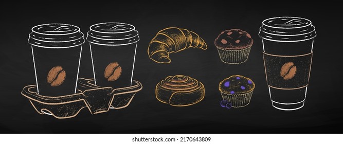 Chalk drawn vector illustration set of Coffee to go cups and baked pastry items. Isolated on black chalkboard background.