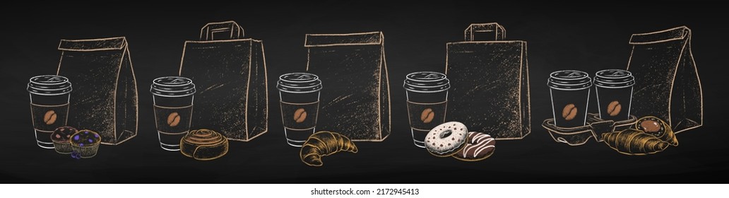 Chalk drawn vector illustration set of takeaway disposable Coffee cups with paper bags and baked desserts. Isolated on black chalkboard background.