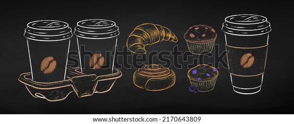 Chalk
drawn vector illustration set of Coffee to go cups and baked pastry
items. Isolated on black chalkboard
background.