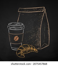 Chalk Drawn Vector Illustration Of Takeaway Disposable Coffee Cup With Paper Bag And Croissant. Isolated On Black Chalkboard Background.