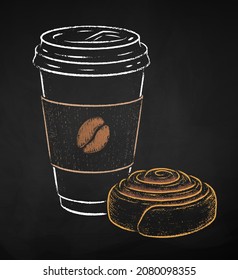 Chalk drawn vector illustration of takeaway disposable Coffee paper cup with Cinnamon Roll. Isolated on black chalkboard background.