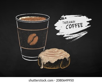 Chalk drawn vector illustration of takeaway disposable Coffee paper cup with glazed Cinnamon Roll. Isolated on black chalkboard background with scribble banner.