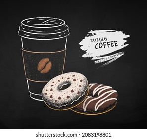 Chalk drawn vector illustration of takeaway disposable Coffee paper cup with Donuts. Isolated on black chalkboard background.