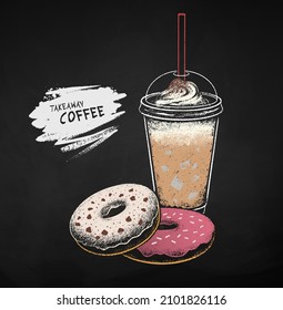 Chalk drawn vector illustration of takeaway disposable Coffee cup and donuts with brush stroke banner. Isolated on black chalkboard background.