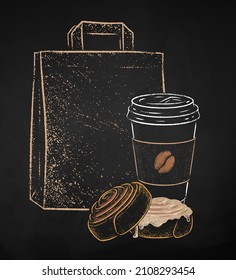 Chalk drawn vector illustration of takeaway disposable Coffee cup with paper bag and cinnamon rolls. Isolated on black chalkboard background.