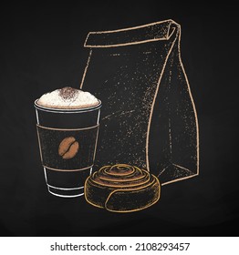 Chalk drawn vector illustration of takeaway disposable Coffee cup with milk foam, cinnamon roll and paper bag. Isolated on black chalkboard background.