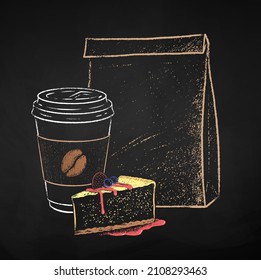 Chalk drawn vector illustration of takeaway disposable Coffee cup with Cheesecake and paper bag. Isolated on black chalkboard background.