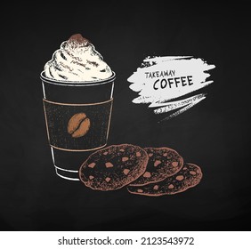 Chalk drawn vector illustration of takeaway disposable Coffee cup with whipped cream and chocolate chip cookies. Isolated on black chalkboard background with brush stroke banner.
