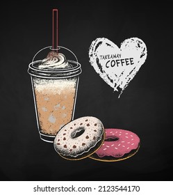 Chalk drawn vector illustration of takeaway disposable Coffee cup and donuts with heart shape banner. Isolated on black chalkboard background.