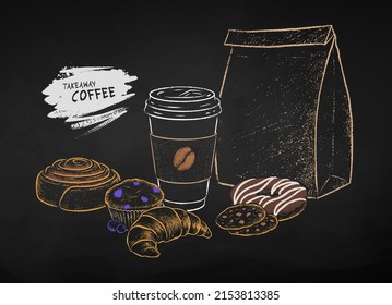 Chalk drawn vector illustration of takeaway disposable Coffee paper cup, sweets and baked food. Isolated on black chalkboard background with grunge banner.