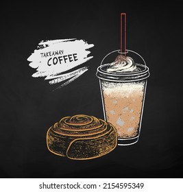 Chalk drawn vector illustration of takeaway disposable Coffee cup and cinnamon roll with brush stroke banner. Isolated on black chalkboard background.